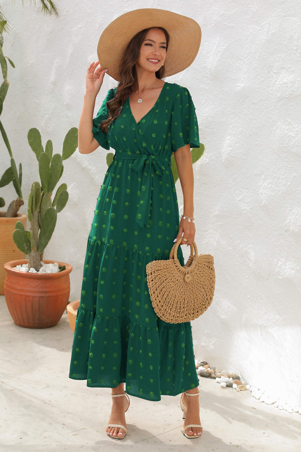 Stylish Swiss Dot Ruched Pleated Plunging Neck Short Sleeve Midi Formal Dress for Women | Ideal for Spring