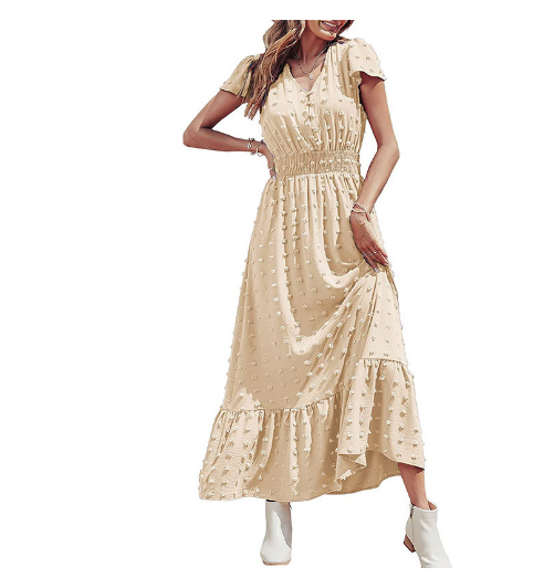 Stylish Swiss Dot Ruched Pleated Plunging Neck Short Sleeve Midi Formal Dress for Women | Ideal for Spring