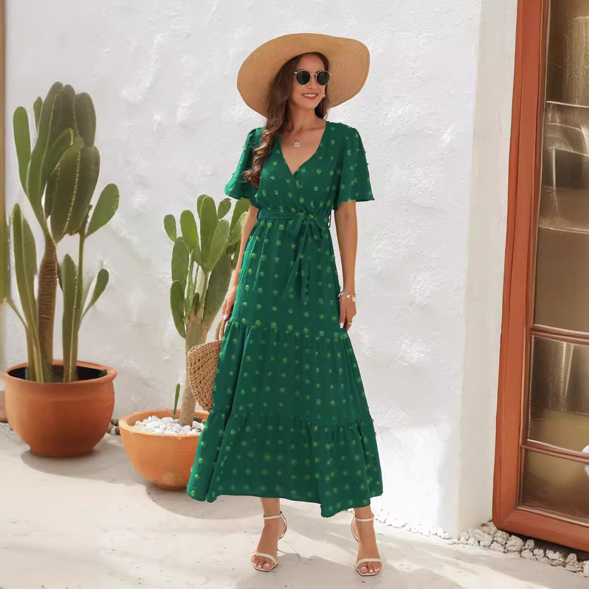 Stylish Swiss Dot Ruched Pleated Plunging Neck Short Sleeve Midi Formal Dress for Women | Ideal for Spring