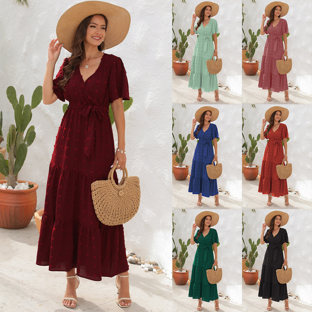 Stylish Swiss Dot Ruched Pleated Plunging Neck Short Sleeve Midi Formal Dress for Women | Ideal for Spring