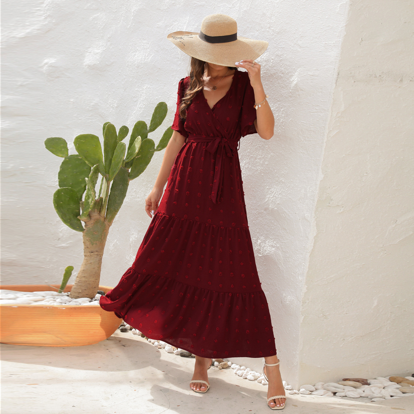 Stylish Swiss Dot Ruched Pleated Plunging Neck Short Sleeve Midi Formal Dress for Women | Ideal for Spring