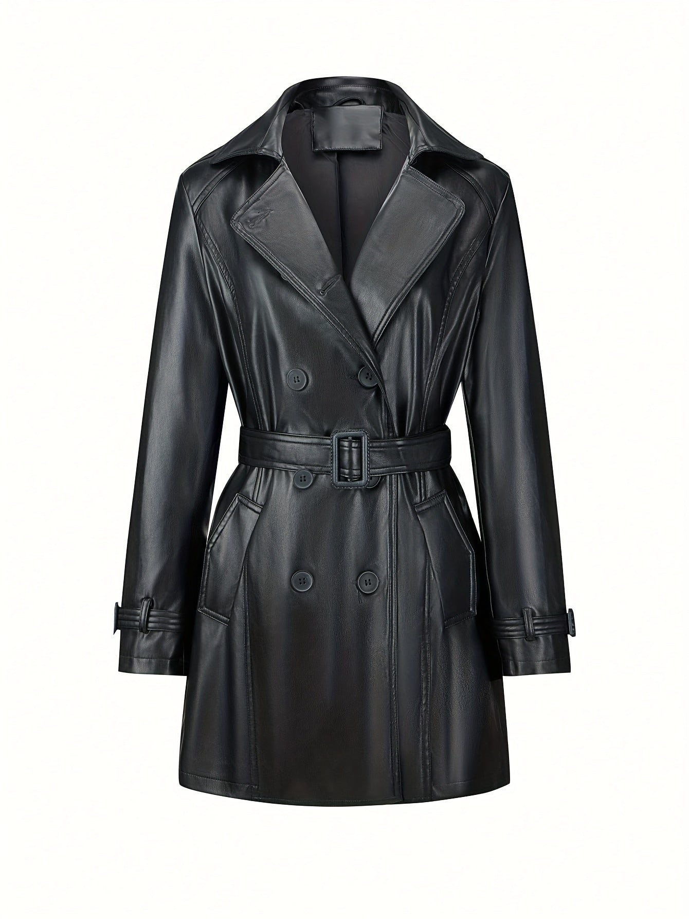 Stylish Belted Faux Leather Trench Coat with Vintage Long Sleeve Desig Oliver Harrison London