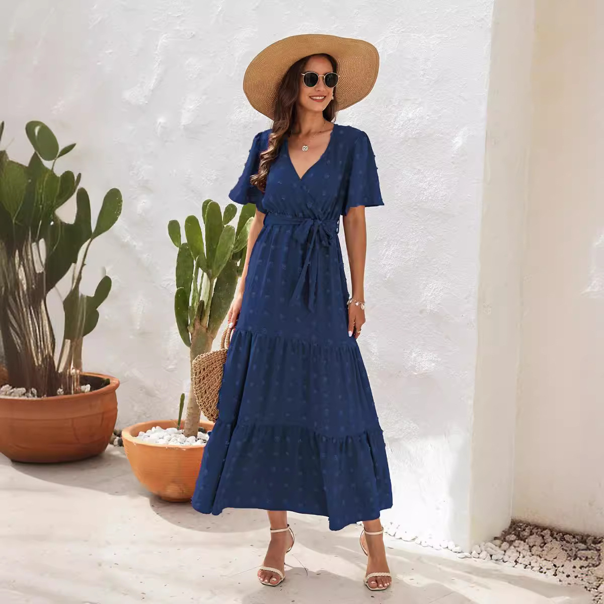 Stylish Swiss Dot Ruched Pleated Plunging Neck Short Sleeve Midi Formal Dress for Women | Ideal for Spring
