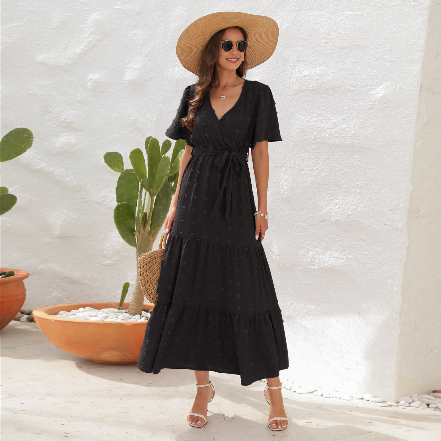 Stylish Swiss Dot Ruched Pleated Plunging Neck Short Sleeve Midi Formal Dress for Women | Ideal for Spring