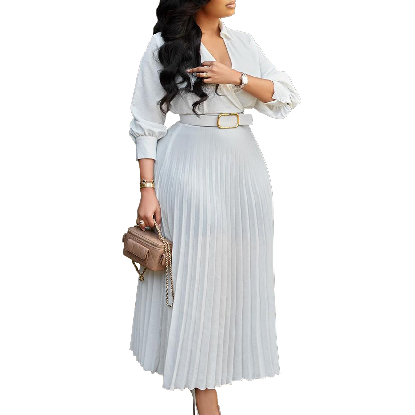 Casual cotton Button Front Pleated Long Sleeve Formal Dress for Women | Ideal for Spring