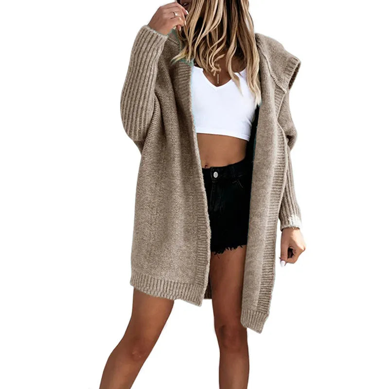 Women's Warm Long Knitted Cardigan with Hood and Long Sleeves | Ideal for Autumn/Winter