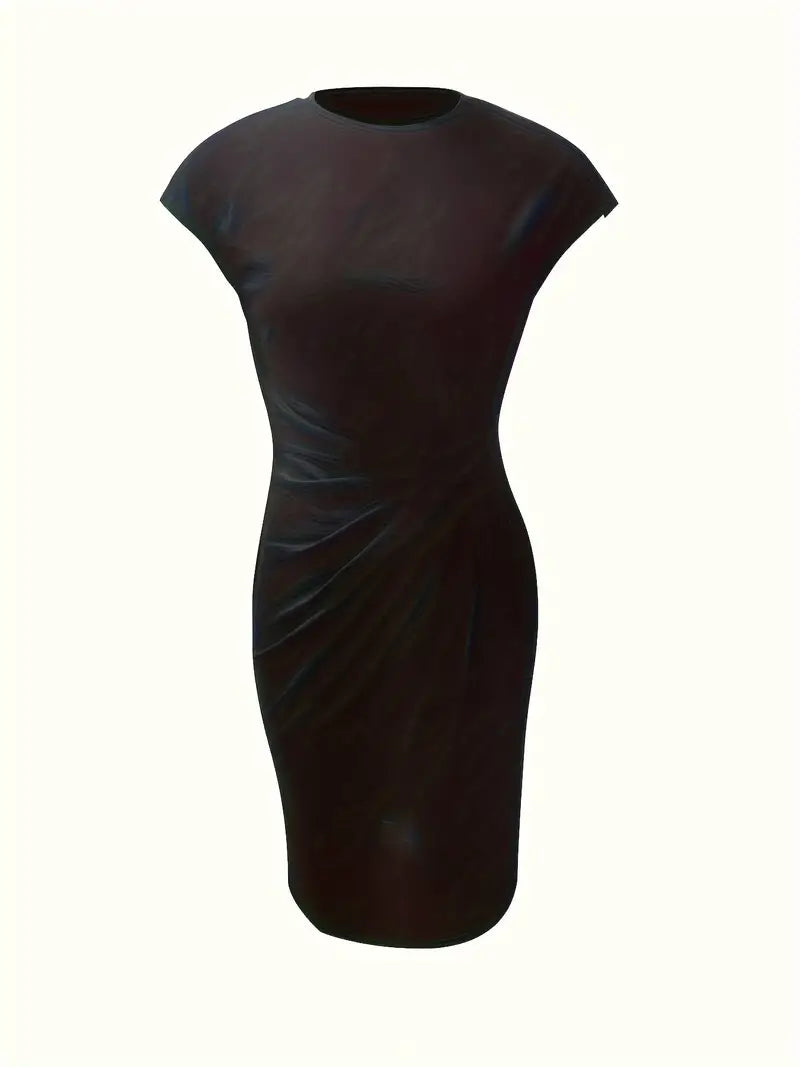 Women's Elegant Lightweight Midi Dress with Circular Neckline in Black-3