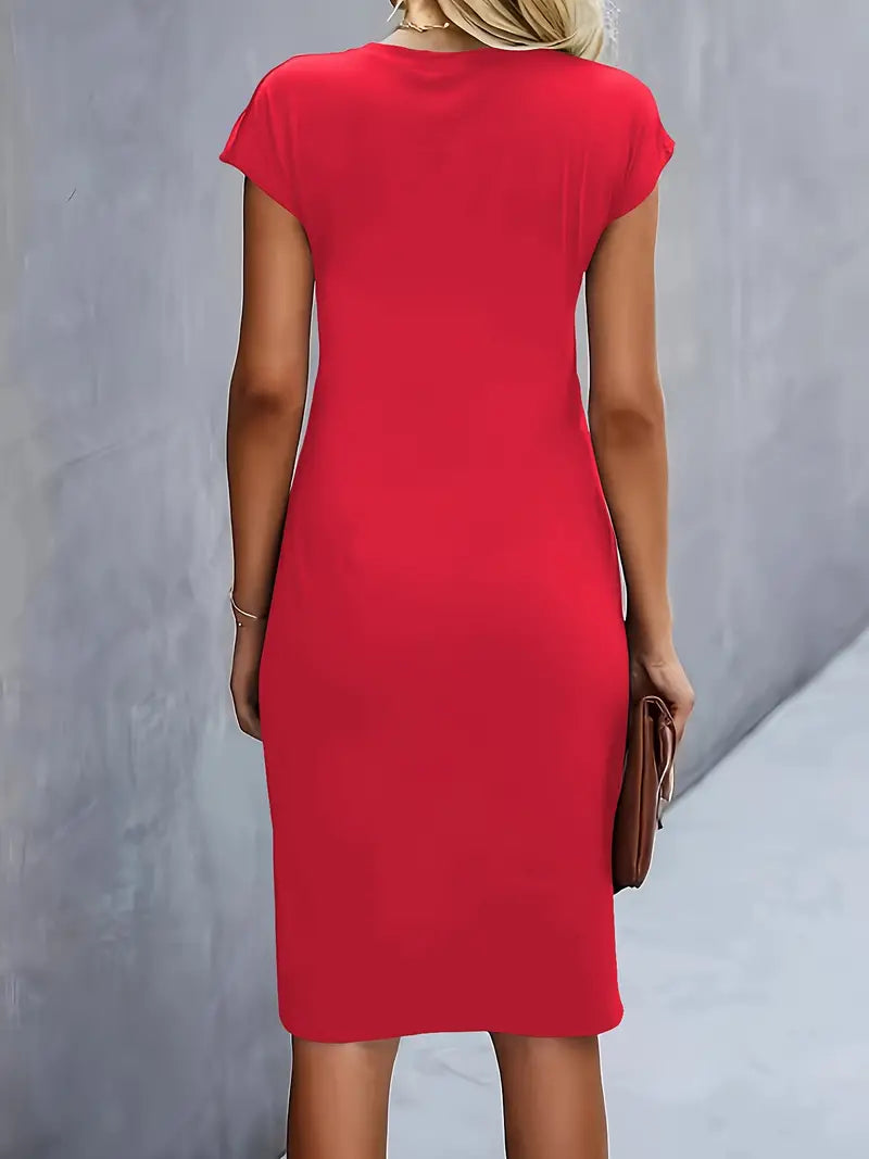 Women's Elegant Lightweight Midi Dress with Circular Neckline in Black-5