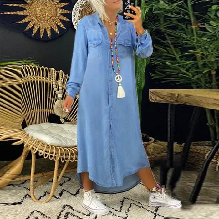 Women's Casual Button-Up Denim Summer Dress with Collar | Ideal for Spring/Summer