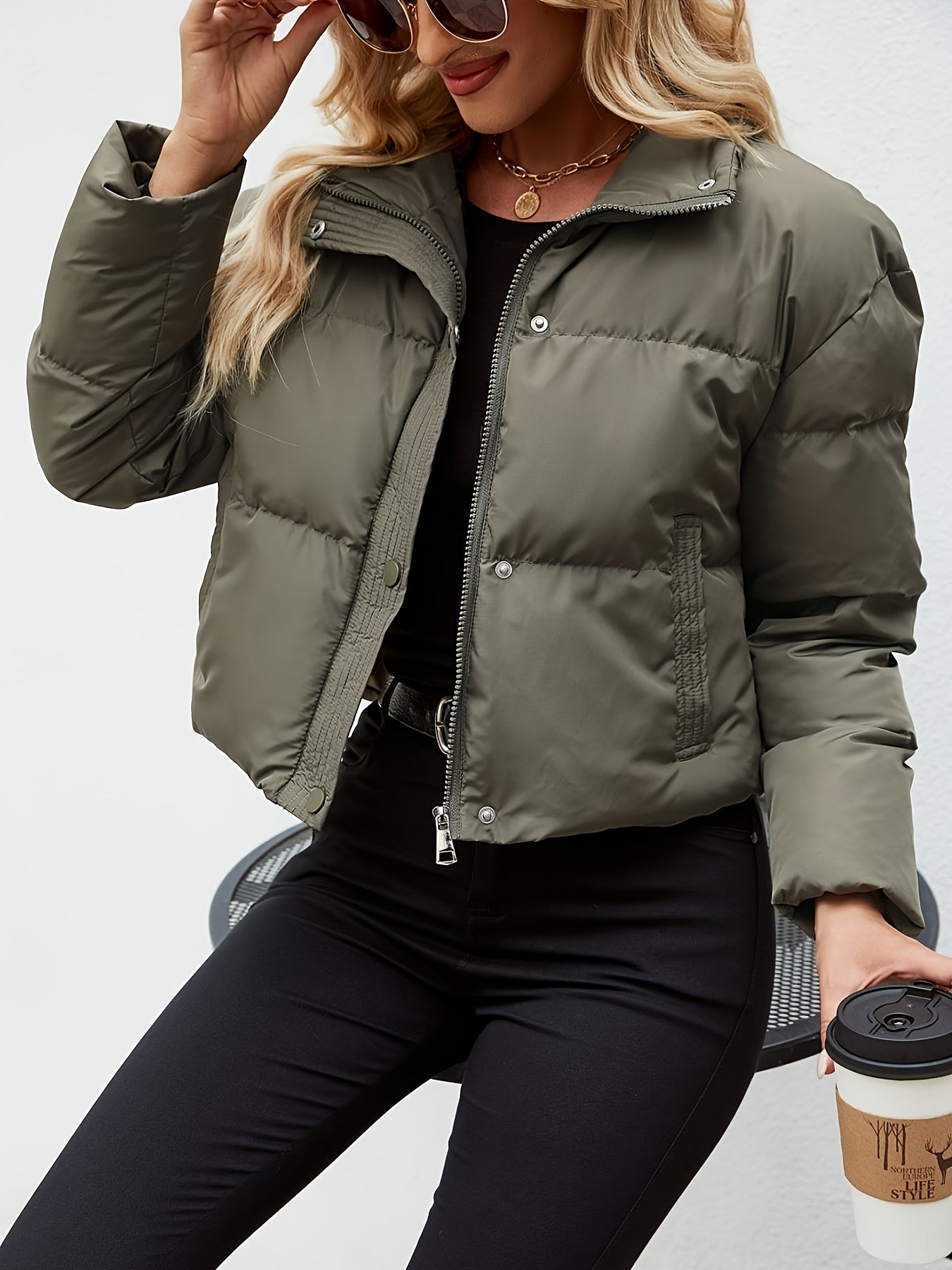 Zip up crop puffer jacket sale