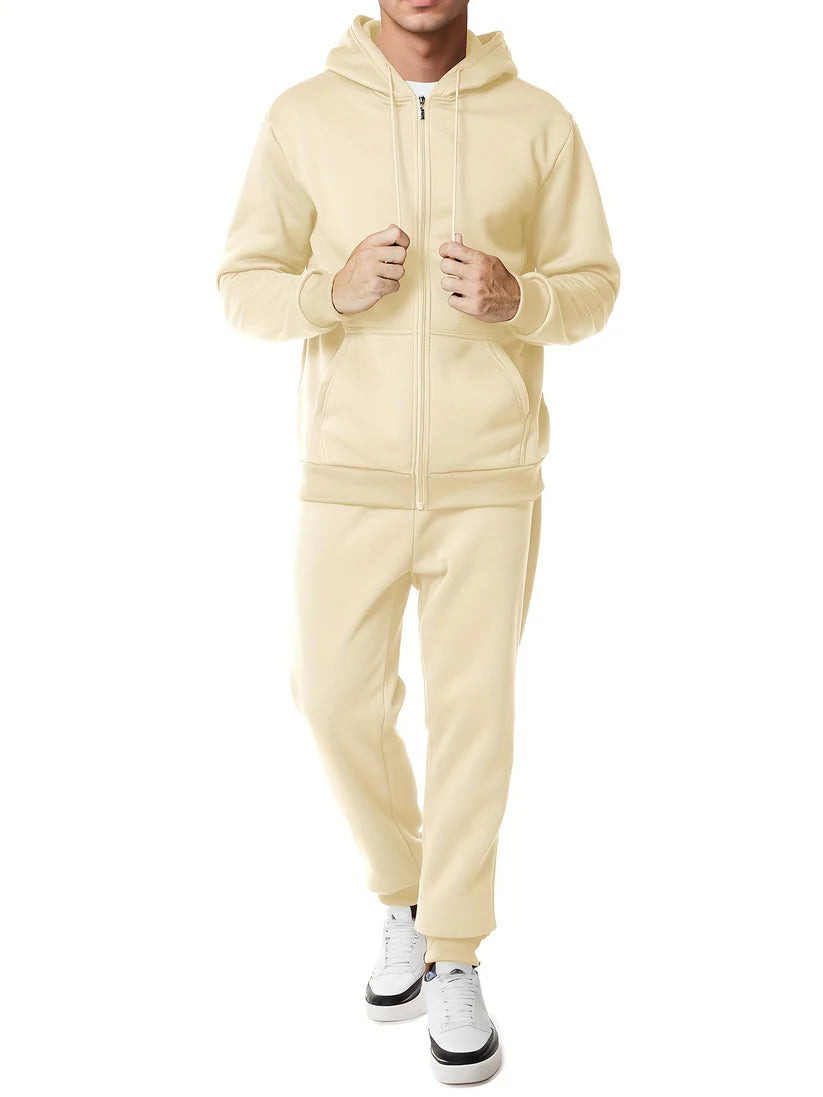 Casual Solid Color Cotton Hoodie and Pants Tracksuit Set for Men | Ideal for All Seasons