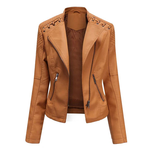 Casual Slim Fit Leather Jacket With Stitch Style in The Shoulder for Women | Ideal for Spring