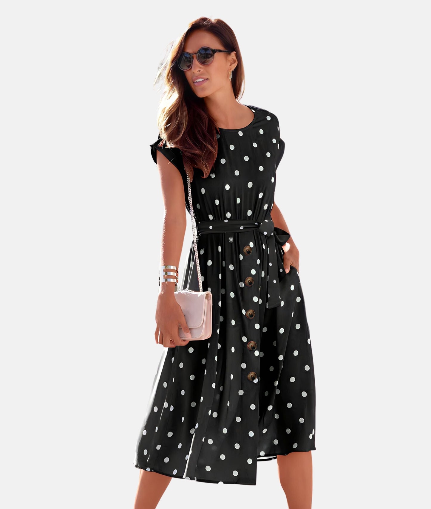 Amelina - Belt Dress With Dots - Chic - Timeless Style - Formal Occasions