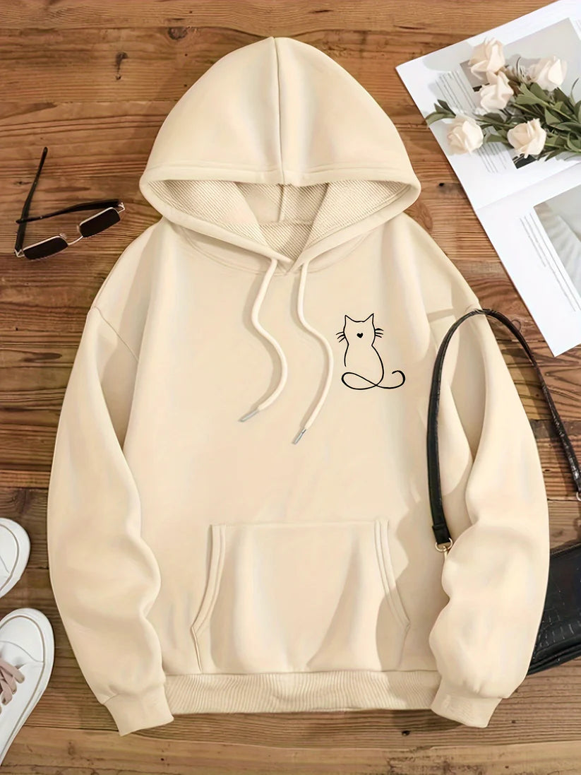 Stylish Sweat Pullover Hoodie with Cat Print for Women | Perfect for Everyday Wear