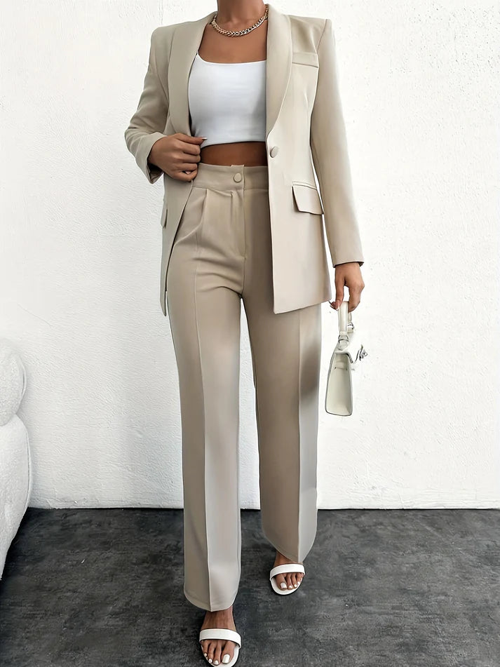 Elegant Solid Color Blazer and High-Waisted Straight Pants Outfit Set for Women | Ideal for Every Season