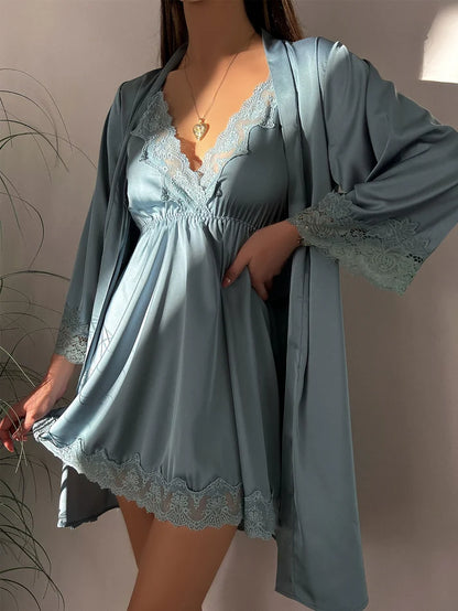 Comfy Contrast Lace Satin Pyjama Set for Women | Ideal for Every Season