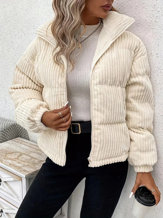 Elegant Short Beige Puffer Winter Jacket for Women | Ideal for Winter