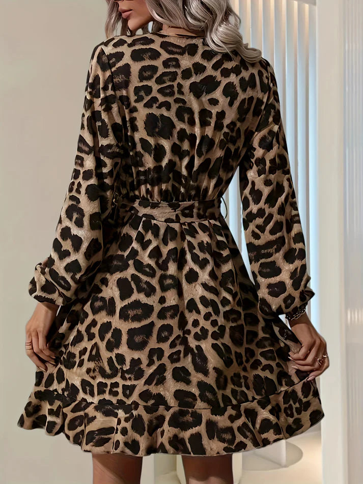 Stylish Leopard Print Surplice Neck Long Sleeve Tie Waist Formal Dress for Women | Everyday wear