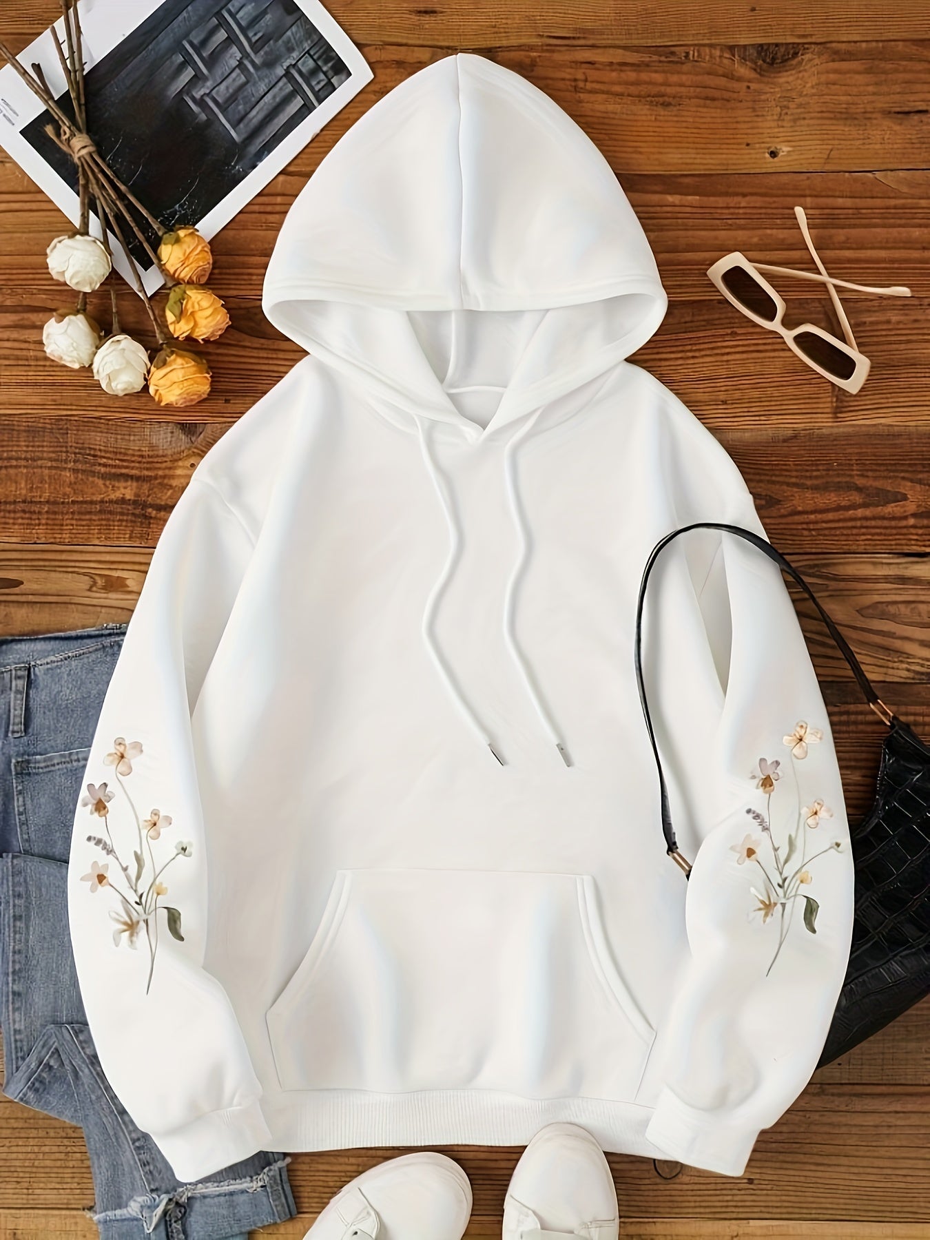 White peony hoodie, selling Elegant hooded sweater, Gift for girlfriend