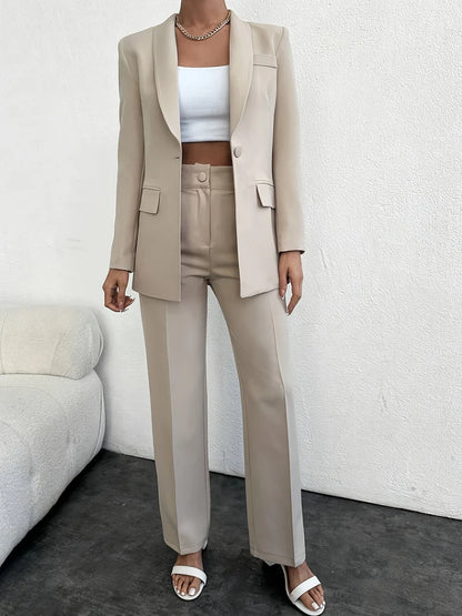 Casual Solid Color Fashion Blazer And Highwaist Pants Outfit Set for Women | Ideal for All Seasons