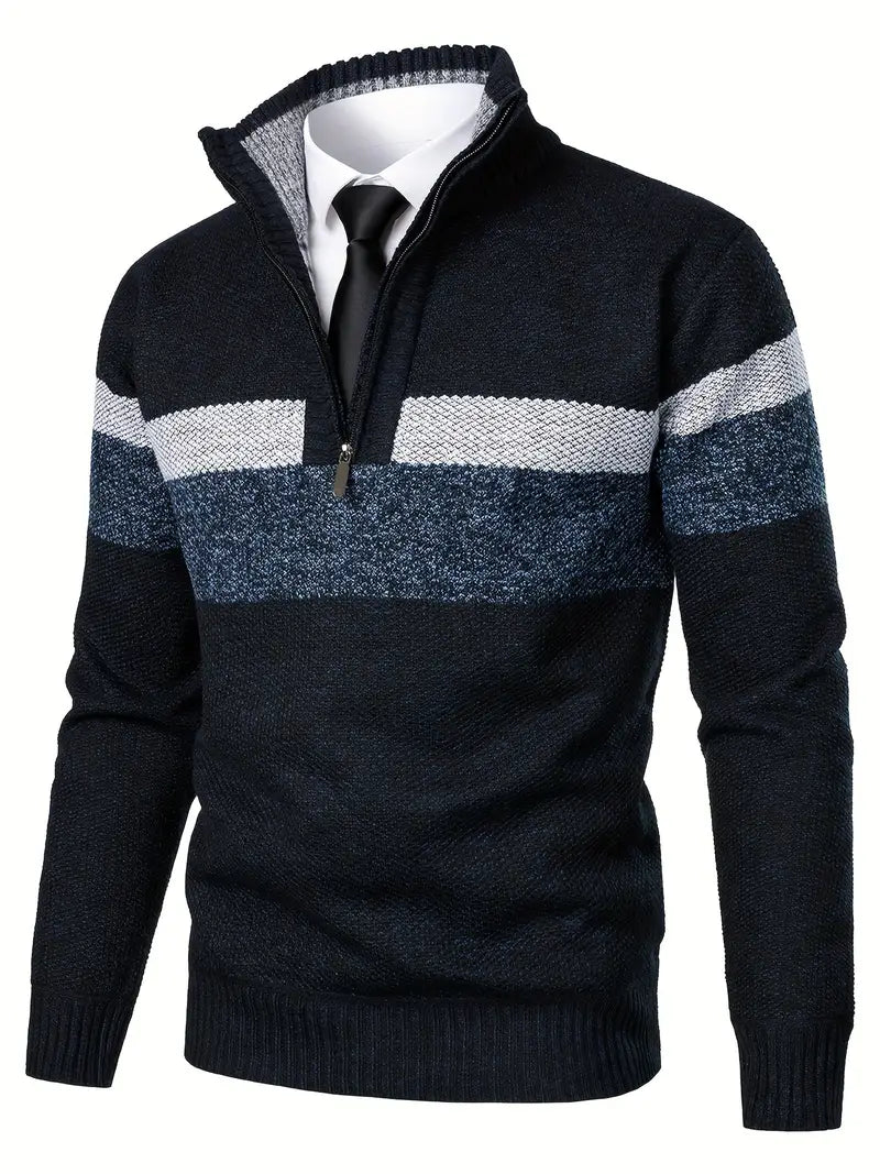 Men's Elegant Navy Blue Zip Jumper with Modern Style | Ideal for Autumn/Winter
