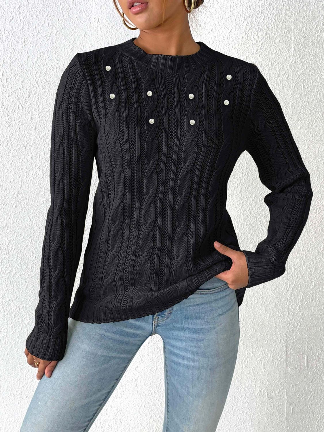 Women's Elegant Braided Knitted Jumper with Beads | Perfect for Autumn/Winter