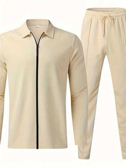 Casual Solid Color Full Zip Cotton Tracksuit with Drawstring Pants for Men | Ideal for Any Season