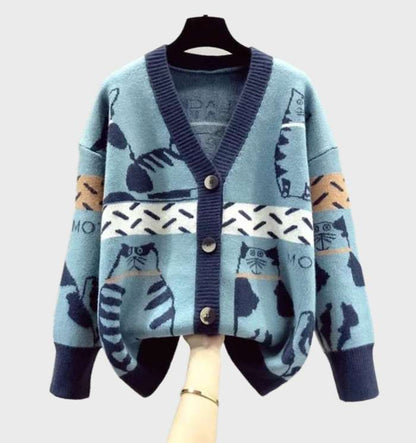 Women's Chic Kitten Print Knit Cardigan with Buttons | Ideal for All Seasons