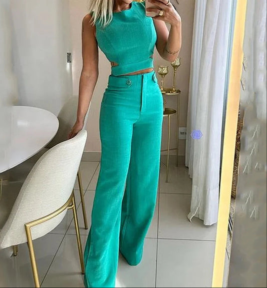 Kessia - Elegant Crop Top and High-Waisted Pants Set for Women