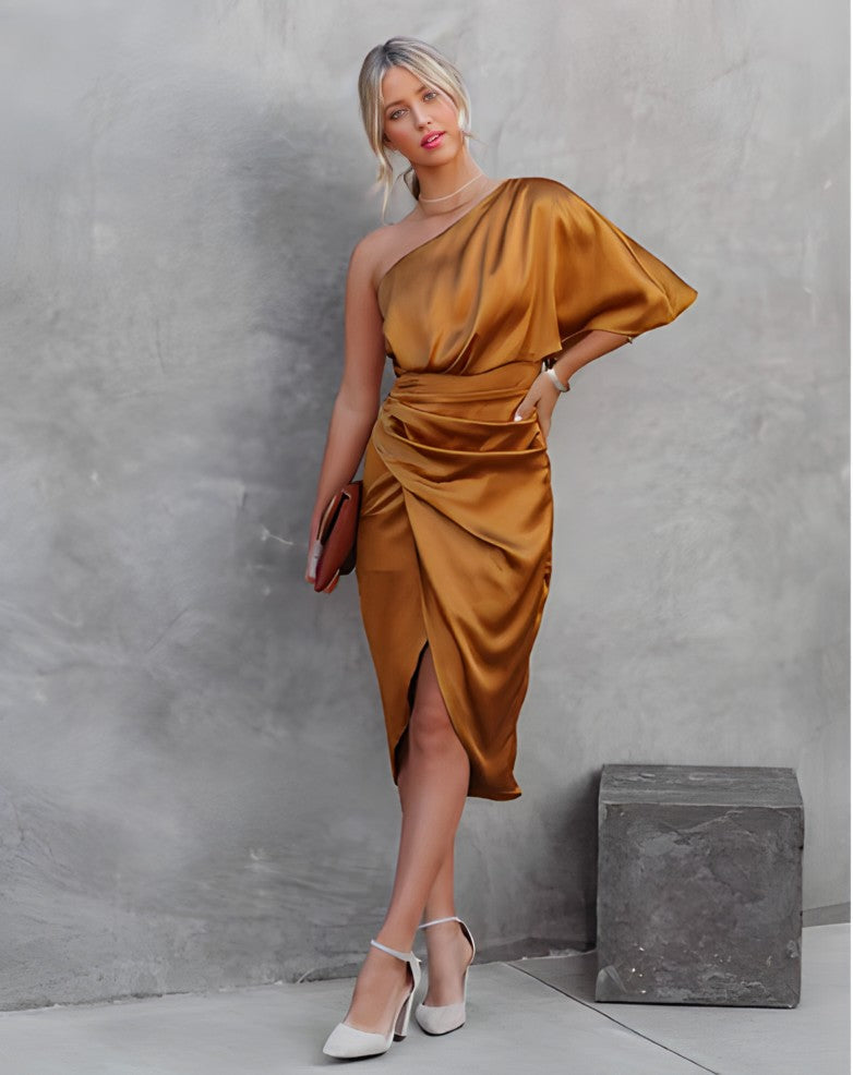 Glenys - Elegant One-Shoulder Midi Dress for Women