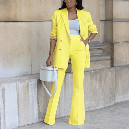Women's Elegant Buttoned Blazer with Flared Trouser Two-piece Set | Ideal for All Seasons