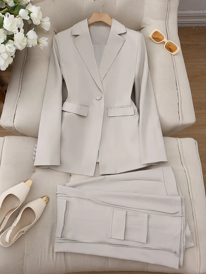 Casual Shawl Collar Blazer & Simple Straight Leg Pants Outfit Set for Women | Ideal for All Seasons