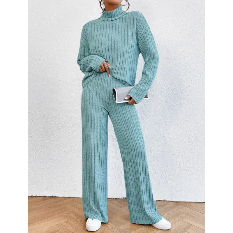 Women's Casual Ribbed Mock Neck T-Shirt and Wide-Leg Trousers Tracksuit | Perfect for Casual Days