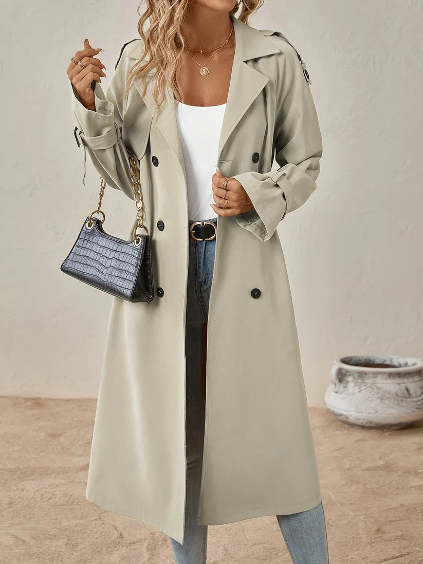 Elegant Long Sleeve Solid Color Trench Coat with Cotton Blend Fabric for Women | Perfect for Everyday Wear