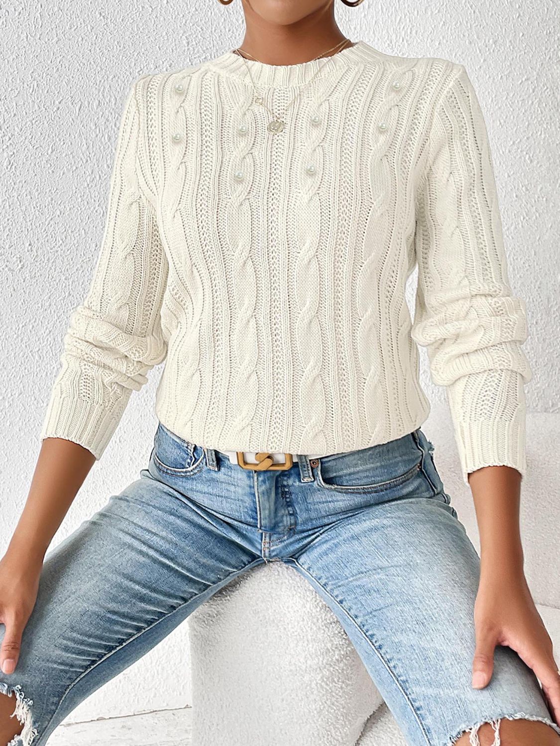 Women's Elegant Braided Knitted Jumper with Beads | Perfect for Autumn/Winter