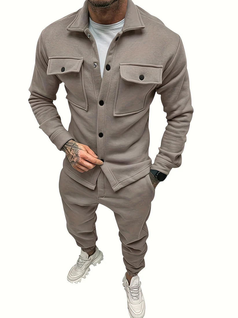 Casual Solid Color Button Up Cotton Shirt and Pants Tracksuit for Men | Ideal for All Seasons