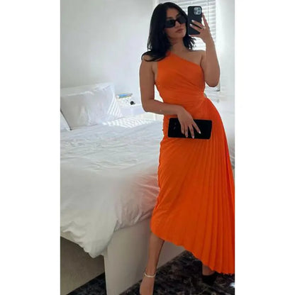 Women's Elegant One Shoulder Cinched Waist Pleated Evening Dress | Ideal for Spring/Summer